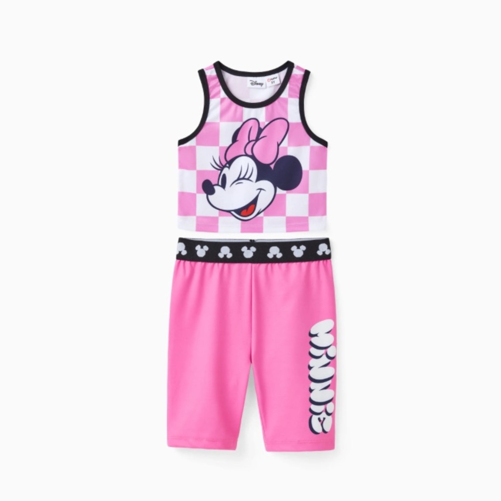 Disney Minnie 2pcs Girl Checkmate Grid pattern Sporty Vest and Leggings Set